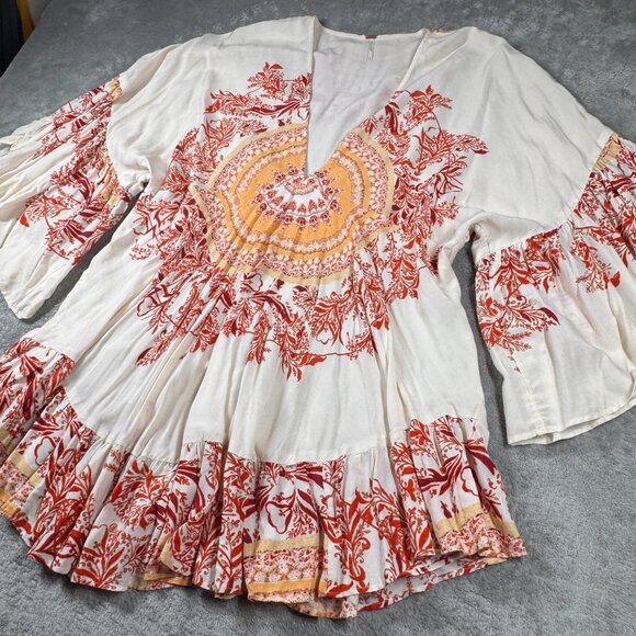 FREE PEOPLE Sunset Dreams Bell Sleeve Tunic Top sz M Flowy Boho Hippie 70s - Picture 2 of 11